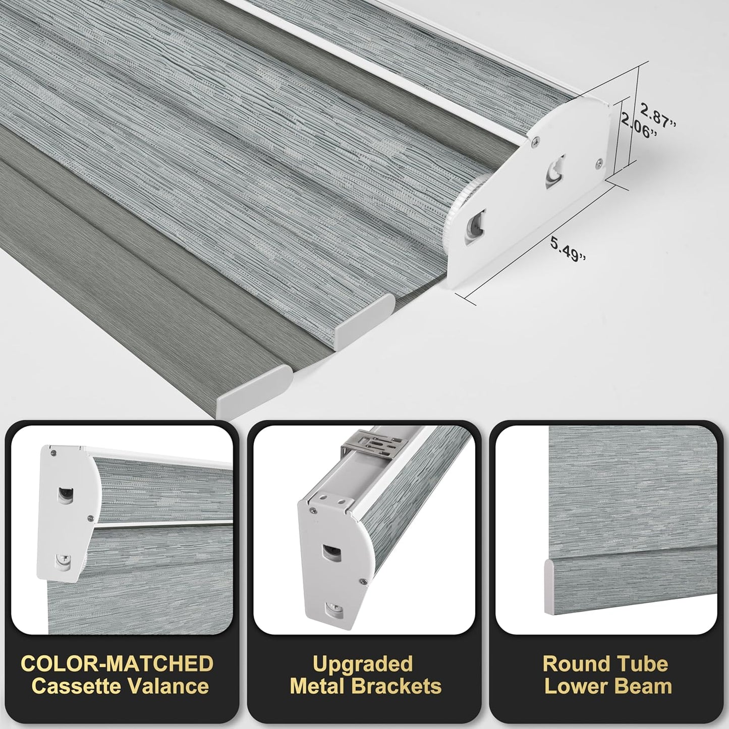BERISSA Cordless Dual Roller Shades with Cassette Valance, Double Window Shades - Blackout and Light Filtering, Day and Night for Home Office Door. Striped Jacquard Grey. 33 W x 64" H