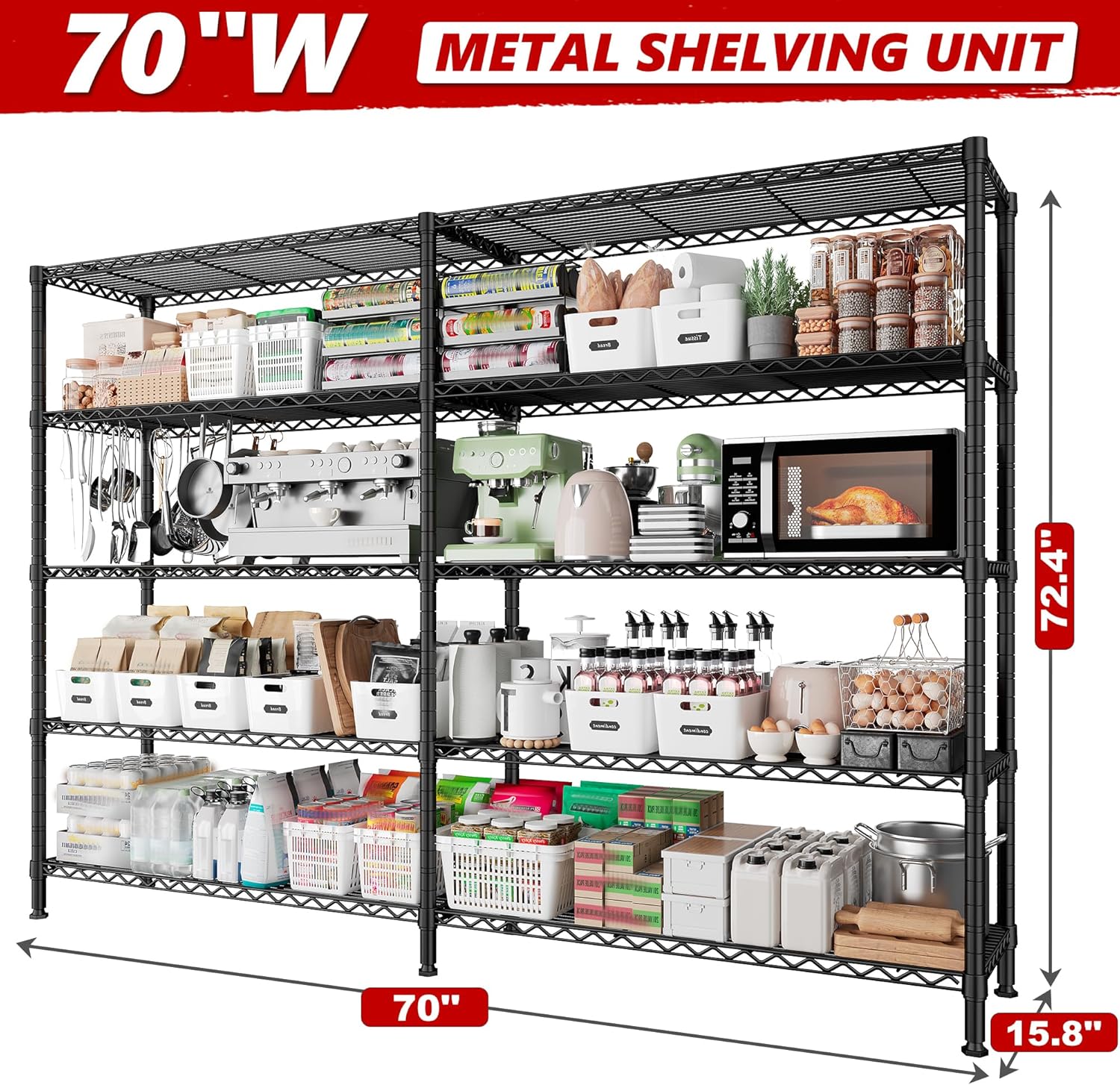 REIBII 70"W Storage Shelves Load 1600LBS, Metal Shelving 5-tier Wire Shelving Unit Metal Shelves for Storage Adjustable Garage Shelving for Pantry Kitchen Garage Commercial school 70"W*15.8"D*72.4"H - NestledHome