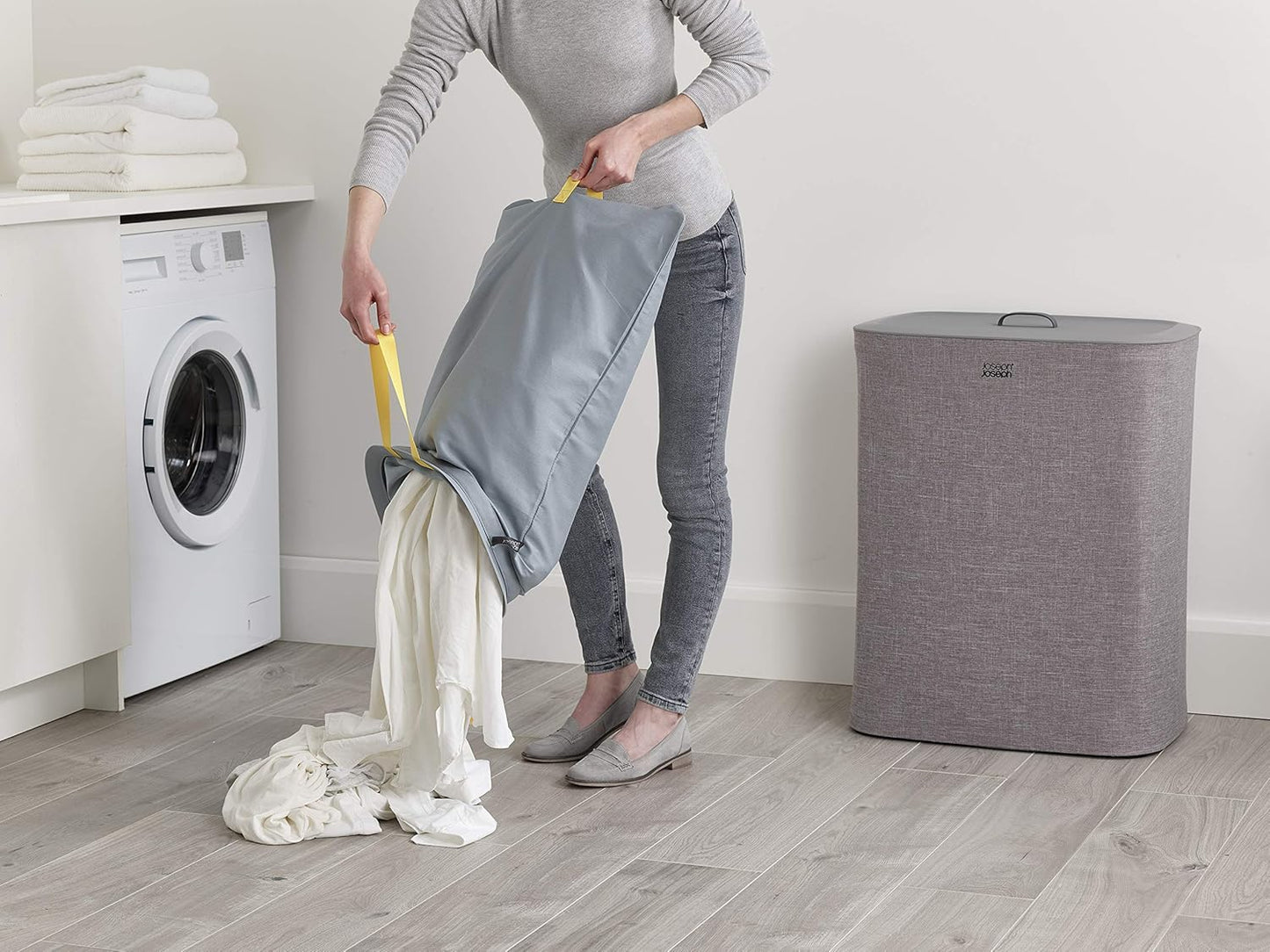 Joseph Joseph Tota 90 liter/23.8 gallon Laundry Hamper Separation Basket with lid, 2 Removable Washing Bags with Handles - Gray - NestledHome