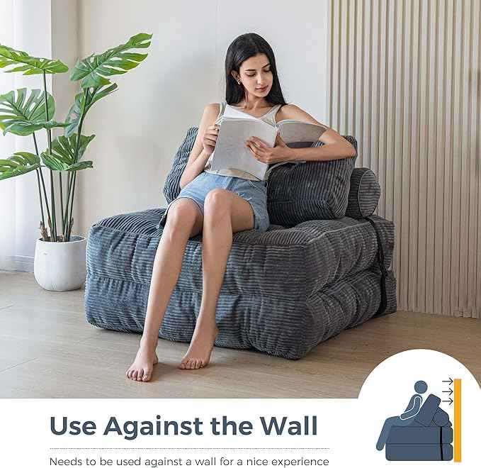 MAXYOYO Folding Sofa Bed, Convertible Sleeper Chair with Pillow Foldable Mattress with Back Support, Portable Fold Out Chair Bed Comfy Floor Sofa Lounge for Living Room Bedroom, Dark Grey, Single