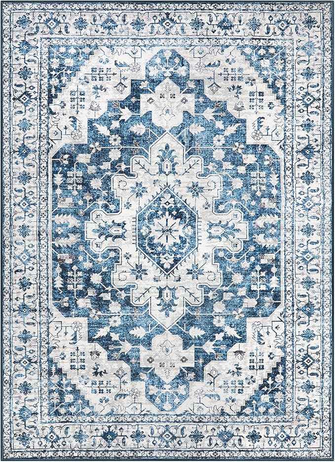 Moynesa Ultra-Thin Washable Area Rug - 5x7 Blue Rugs for Living Room Washable Rugs for Bedroom Soft Dining Room Mat, Vintage Printed Low Pile Indoor Carpet for Office Sunroom Playroom