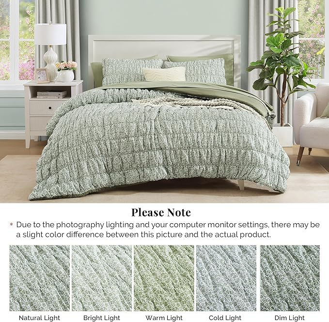 Twin XL Size Comforter Sets-5 Pieces Puff Sage Green Floral Bedding Set for All Seasons, Shabby Chic Farmhouse Bed in a Bag Twin XL with Floral Comforter, Sheets, Pillowcases & Shams