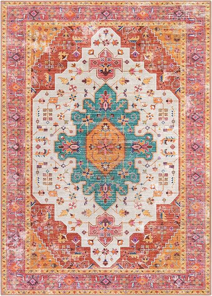 Moynesa Ultra-Thin Washable Vintage Area Rug - 5x7 Large Bedroom Boho Non-Slip Non-Shedding Living Room Mat Oriental Medallion Floor Carpet for Kids Nursery Room Office, Pink/Teal/Multi