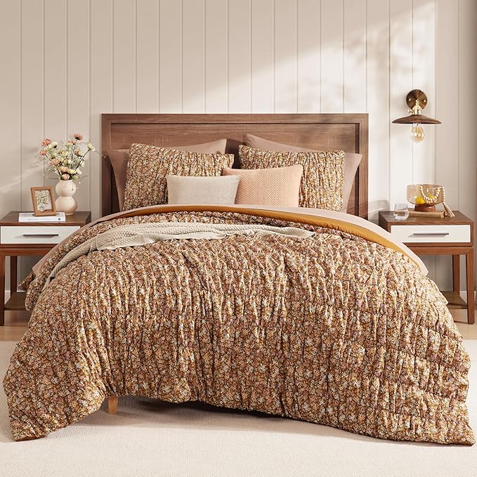 King Comforter Set-7 Pieces Brown Classic Puff Floral Bedding Sets for All Seasons,Shabby Chic Farmhouse Bed in a Bag King with Wildflowers Fluffy Comforter,Sheets, Pillowcases & Shams