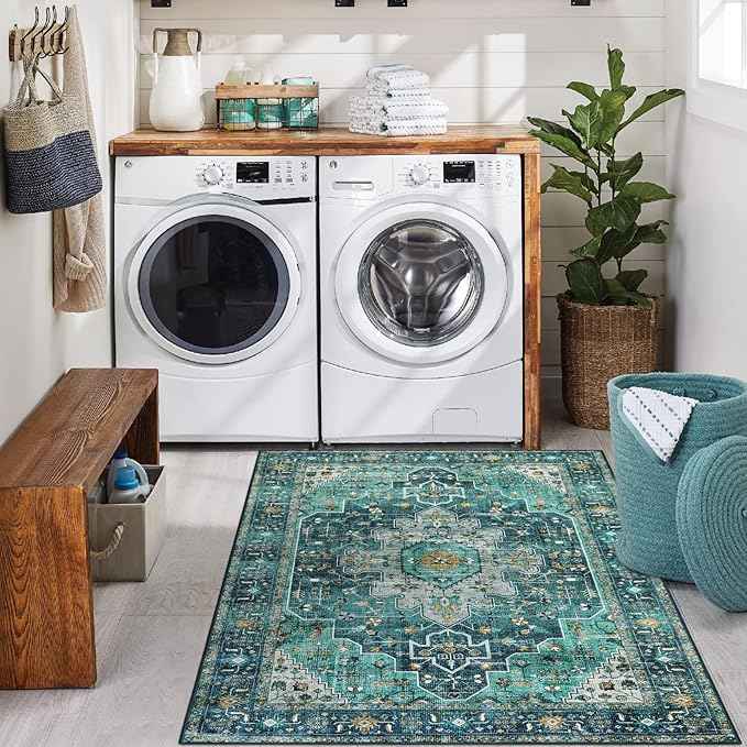Moynesa Ultra-Thin Washable Vintage Area Rug - 3x5 Boho Entry Throw Rug Non-Slip Oriental Medallion Bedroom Mat Non-Shedding Indoor Floor Carpet for Living Laundry Room, Teal/Mutil