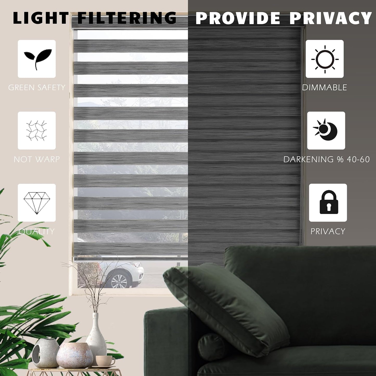 Zebra Blinds for Windows, Free-Stop Zebra Shades, Dual Layer Light Filtering Sheer Blinds for Indoor Windows, Roller Window Shades for Privacy (22" W X 72" H, Grey)