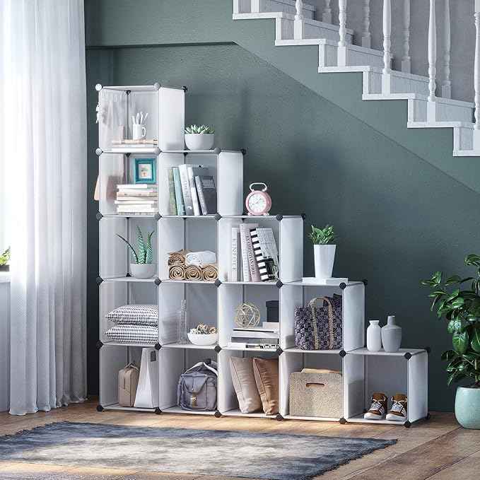 C&AHOME Cube Storage Organizer, 16-Cube Shelves Units, Plastic Storage Cubes, DIY Closet Organizer, Modular Closet Storage Shelves Ideal for Home, 48.4" L × 12.4" W × 48.4" H Transparent SUM3016W