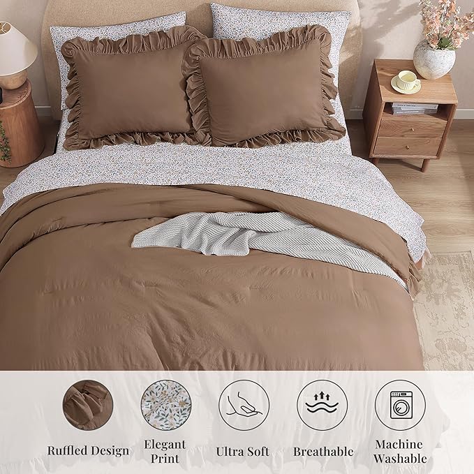 King Comforter Set - 7 Pieces Ruffle Amber Brown Bedding Sets, Shabby Chic Farmhouse Bed in a Bag with Ruffle Comforter, Floral Sheets, Pillowcases & Shams