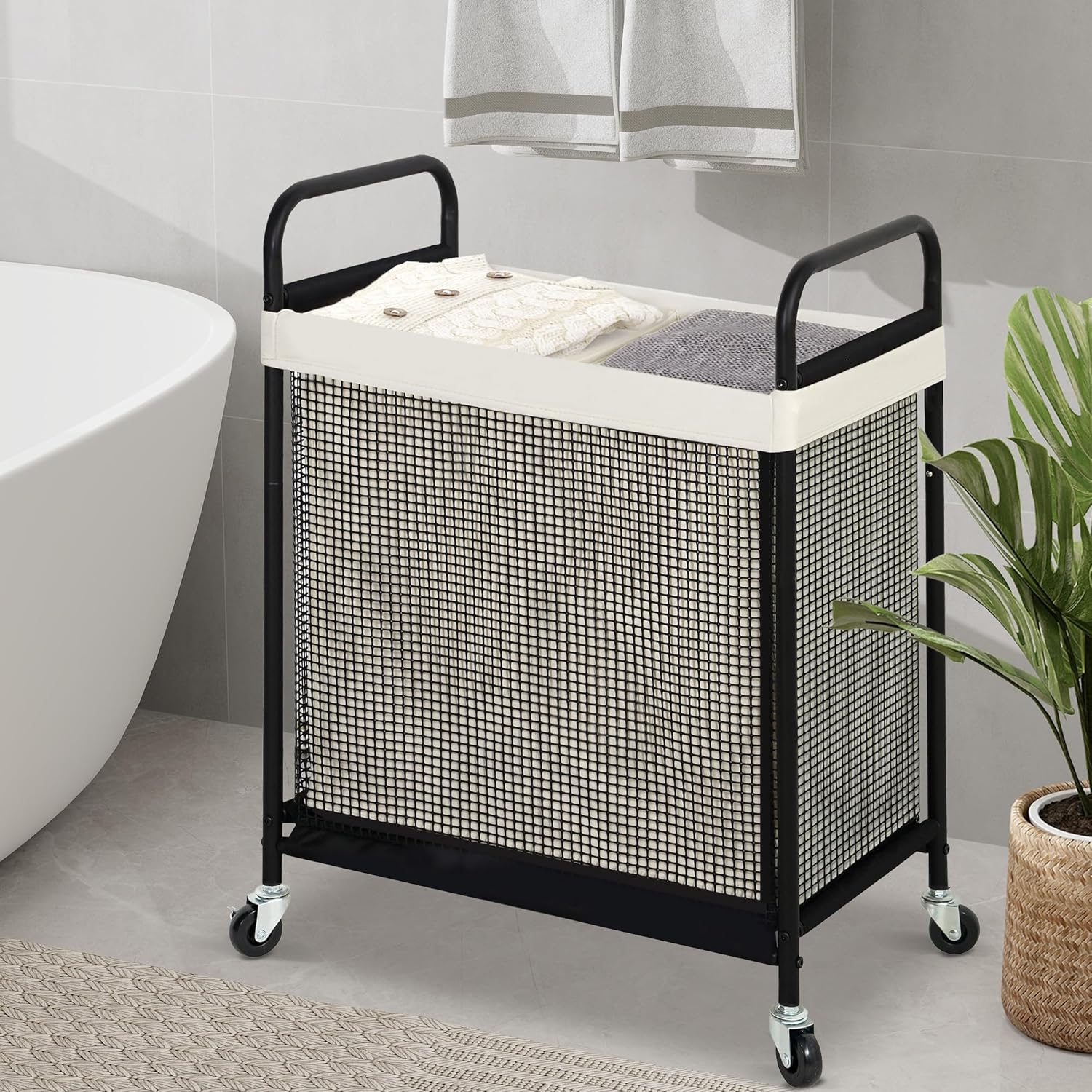 STO STO Laundry Hamper 2 Section, 100L Rolling Laundry Sorter Cart with Removable and Washable Liner Bag, Rolling Clothes Hamper with Metal Handle for Laundry Room and Bedroom - NestledHome