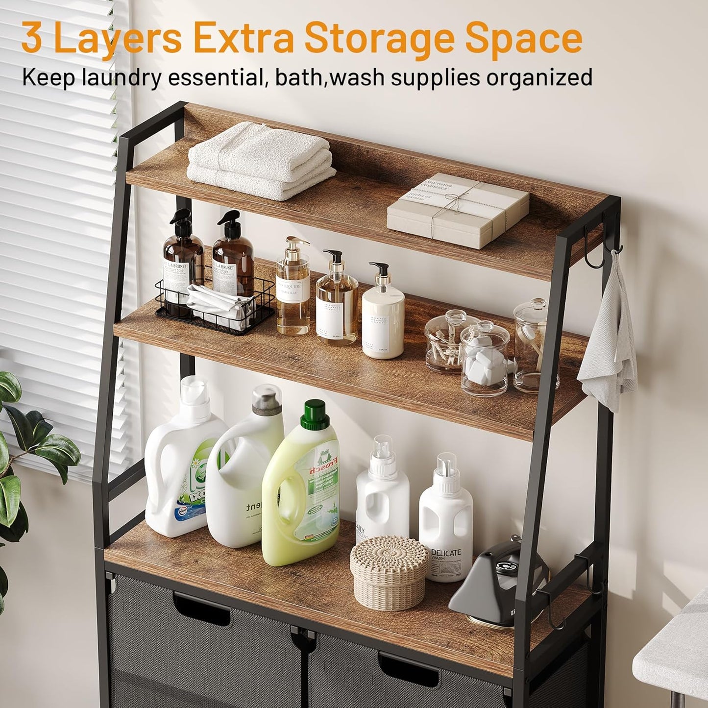 Lulive Double Laundry Hamper with Shelf, Laundry Basket with 3 Tier Storage Shelves & 4 Removable Hooks, Tall Laundry Sorter Clothes Hamper with Pull-Out Bags for Bathroom, Laundry Room - NestledHome
