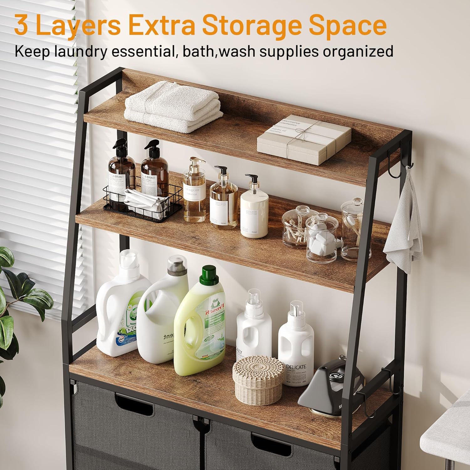 Lulive Double Laundry Hamper with Shelf, Laundry Basket with 3 Tier Storage Shelves & 4 Removable Hooks, Tall Laundry Sorter Clothes Hamper with Pull-Out Bags for Bathroom, Laundry Room - NestledHome