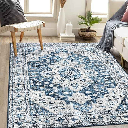 Moynesa Ultra-Thin Vintage 8x10 Area Rugs - Blue Bedroom Rugs for Living Room Non-Slip Stain Resistant, Printed Oriental Playroom Mat Indoor Floor Carpet for Dining Table Office Decor