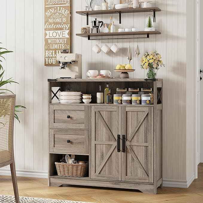 Vabches Farmhouse Buffet Sideboard Cabinet with Drawers and Open Shelf, 38.5" Storage Cabinet with Adjustable Shelves and Door, Modern Coffee Bar Hutch Pantry for Kitchen, Living Room, Entryway, Grey