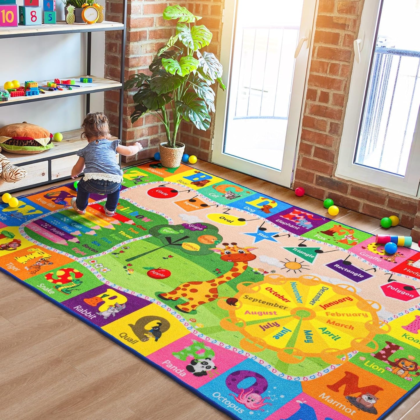 5x7 Playroom Rugs for Kids Washable, Educational and Fun Playmat with ABC Alphabet Animals Shapes Colors, Non-Slip Play Mat Learning Rugs for Baby Toddler Children Game Activity - NestledHome