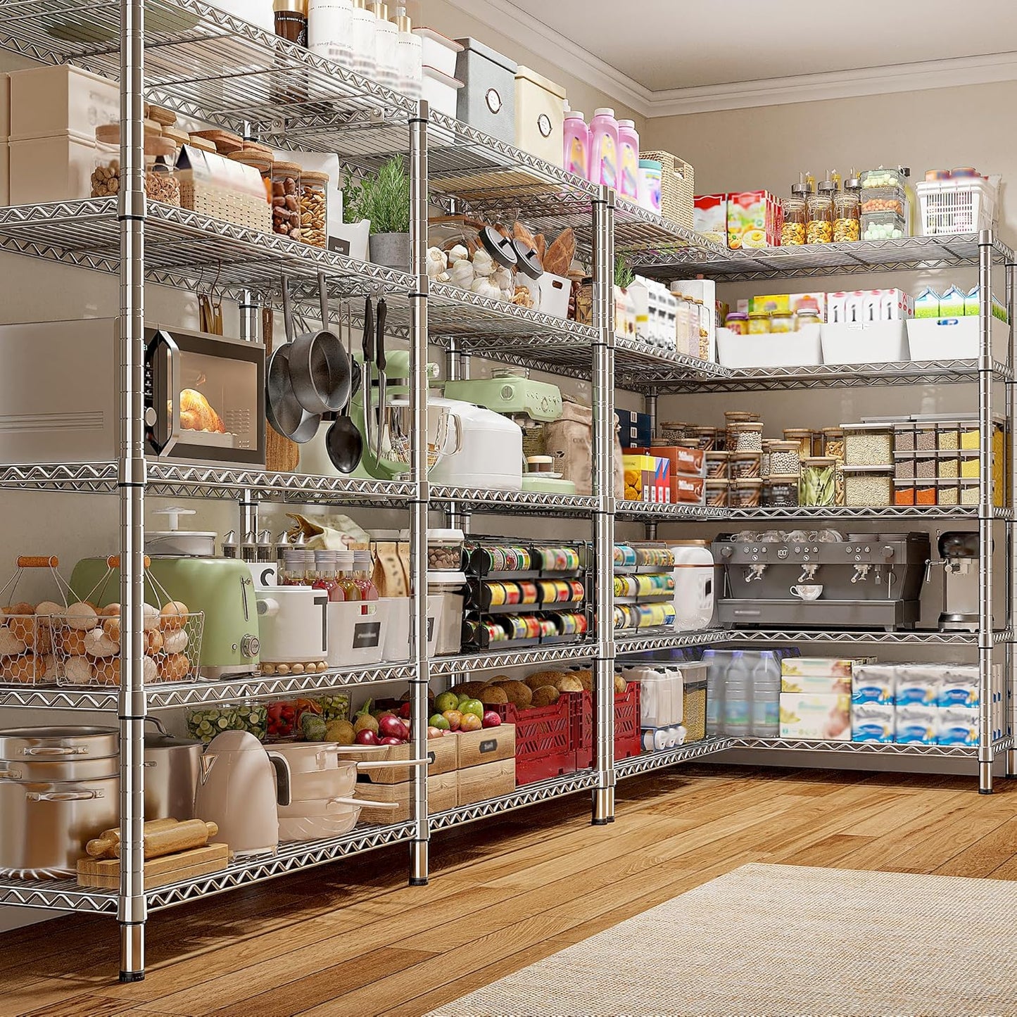 REIBII 1500LBS Storage Shelves 61.7''W Wire Shelving Unit 5 Tier Metal Shelving for Storage Rack Shelves Heavy Duty Garage Shelf Pantry Shelves Kitchen Shelving, 61.7" W*72.4" H*15.8" D, Chrome - NestledHome