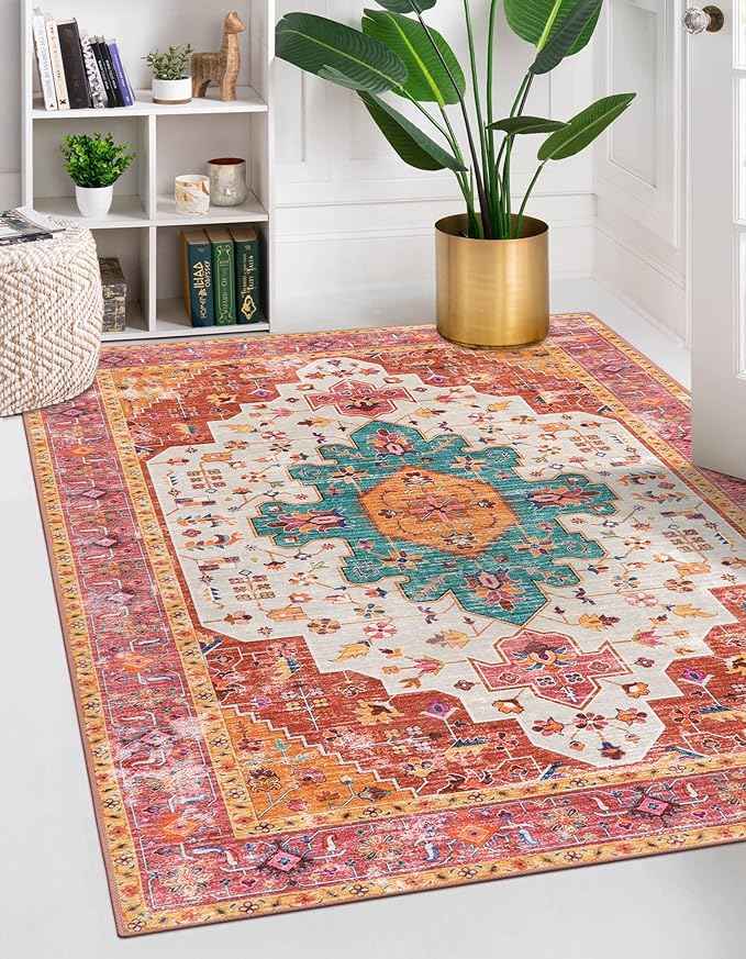 Moynesa Ultra-Thin Washable Vintage Area Rug - 5x7 Large Bedroom Boho Non-Slip Non-Shedding Living Room Mat Oriental Medallion Floor Carpet for Kids Nursery Room Office, Pink/Teal/Multi