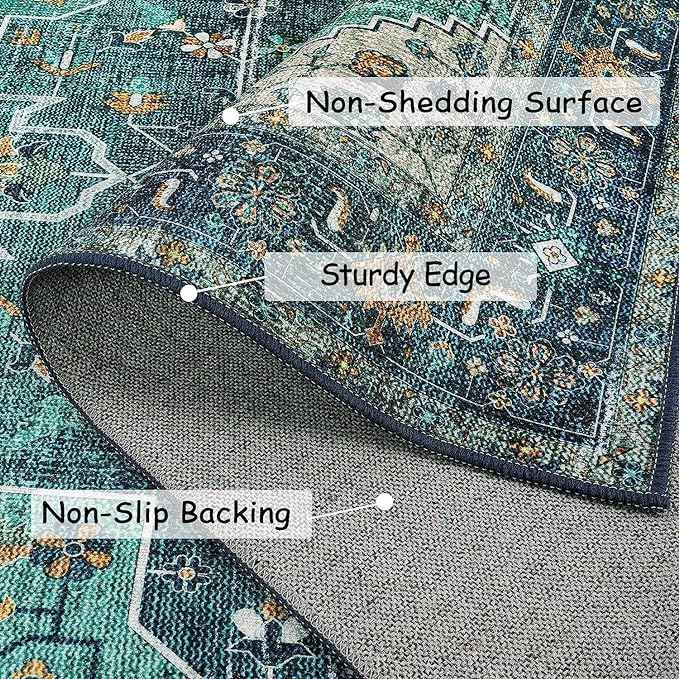 Moynesa Ultra-Thin Washable Vintage Area Rug - 5x7 Large Living Room Rug Boho Oriental Medallion Bedroom Mat Non-Slip Non-Shedding Dining Room Floor Carpet for Home Office, Teal/Mutil