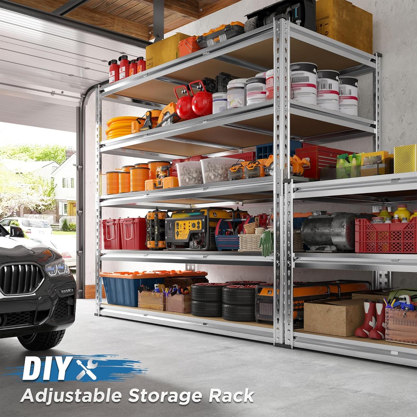 REIBII Garage Shelving, 5 Tier Storage Shelves Load 3020LBS, Adjustable Garage Shelving Heavy Duty, Metal Shelves Unit for Basement, Warehouse, 48" W x 72" H x 24" D, Galvanized - NestledHome