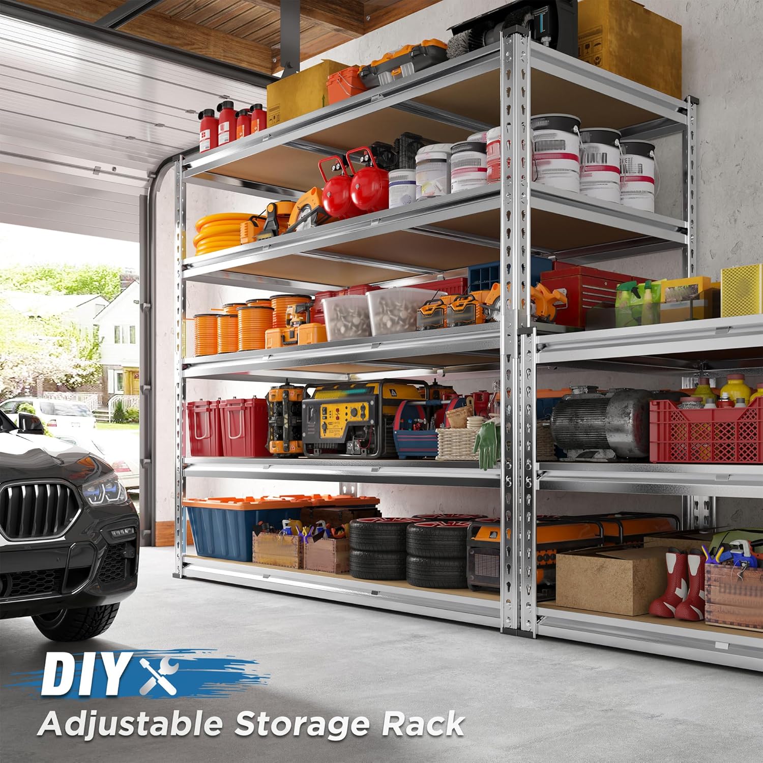REIBII Garage Shelving, 5 Tier Storage Shelves Load 3020LBS, Adjustable Garage Shelving Heavy Duty, Metal Shelves Unit for Basement, Warehouse, 48" W x 72" H x 24" D, Galvanized - NestledHome