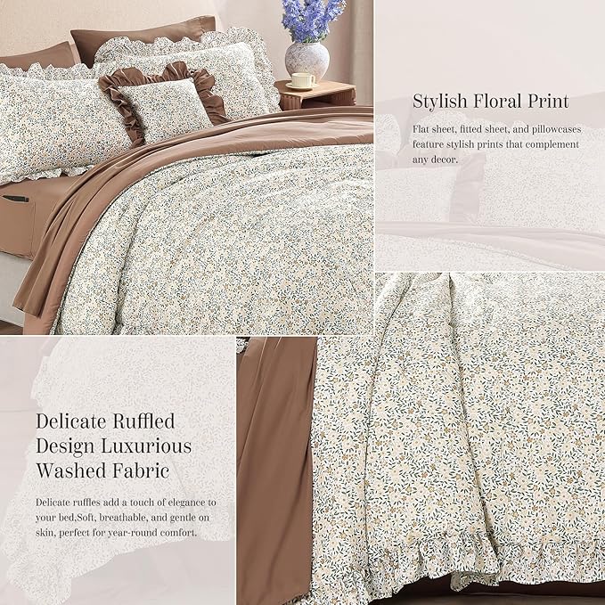 Twin XL Comforter Set - 5 Pieces Ruffle Beige Ditzy Bedding Sets, Shabby Chic Farmhouse Bed in a Bag Twin XL with Floral Comforter, Sheets, Pillowcase & Sham