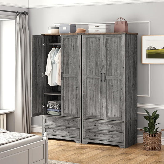 Brafab Armoire Wardrobe Closet with 2 Modern Doors, 71" Tall Freestanding Closet Wardrobe Cabinet with Drawers and Hanging Rail, Light Wooden Storage Cabinet with Shelve for Bedroom (Grey, 4 Doors) - NestledHome