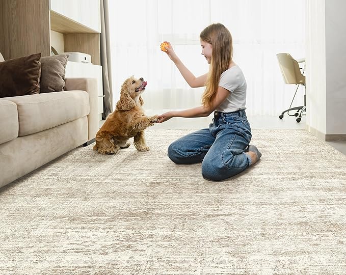 8x10 Area Rug Living Room Rugs - Washable Neutral Modern Abstract Soft Thin Rug Indoor Floor No Slip Rug Carpet for Bedroom Under Dining Table Home Office Decor - Beige/Brown