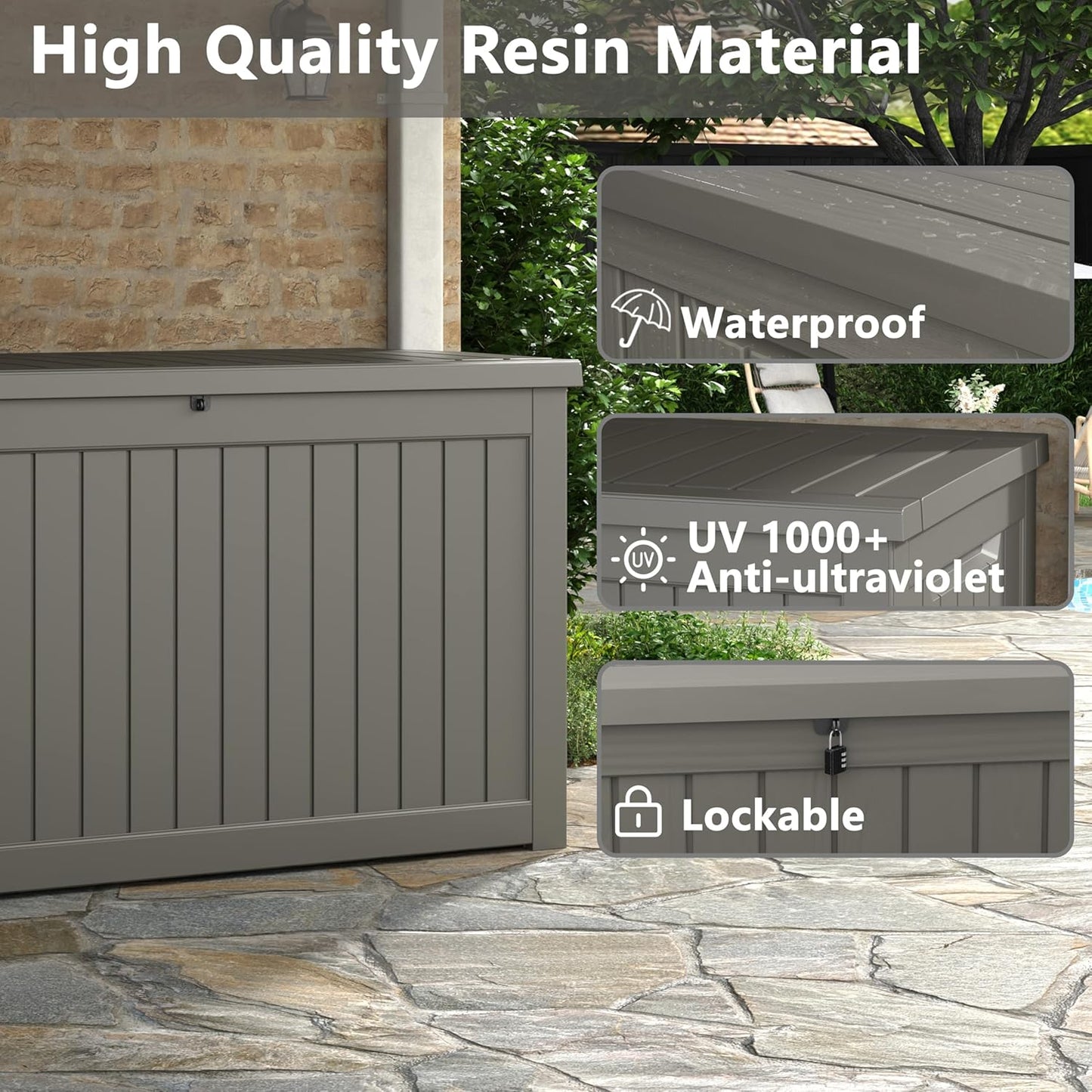 KAMABOKO 230 Gallon Outdoor Storage Box, Resin Deck Boxes Indoor and outdoor, Waterproof Storage Box Lockable Lid for Garden Tools, Package Delivery, Patio Cushions, Grey