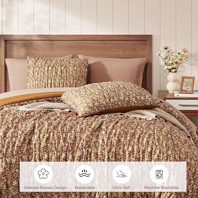King Comforter Set-7 Pieces Brown Classic Puff Floral Bedding Sets for All Seasons,Shabby Chic Farmhouse Bed in a Bag King with Wildflowers Fluffy Comforter,Sheets, Pillowcases & Shams