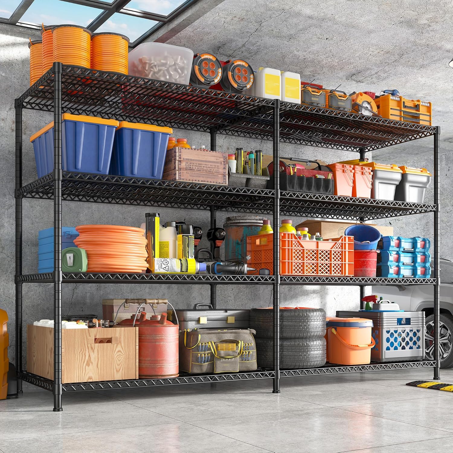 REIBII 81.5''W Storage Shelves 3680LBS Garage Shelving Heavy Duty 4 Tier Metal Shelving Unit Adjustable Wire Shelf and Storage Pantry Shelves for Kitchen Garage, 81.5Wx23.62Dx70.86H，Black, 2PCS - NestledHome