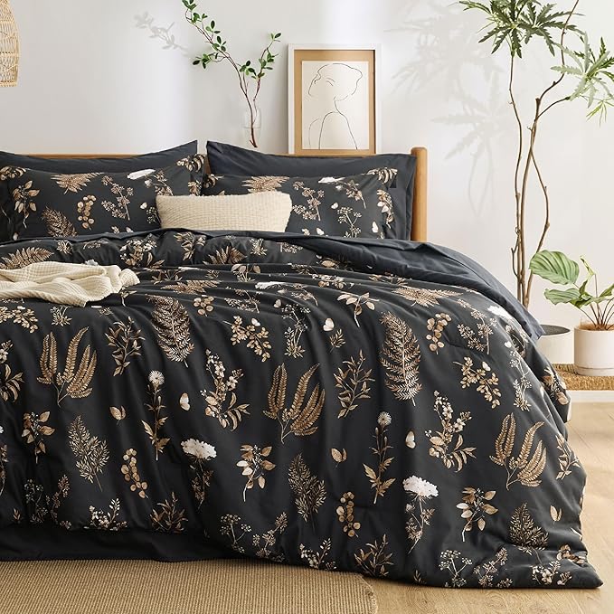 Bedsure Black Full Comforter Set - 7 Pieces Floral Bedding Sets Full Bed in a Bag with Reversible Botanical Flowers Comforter, Sheets, Pillowcases & Shams