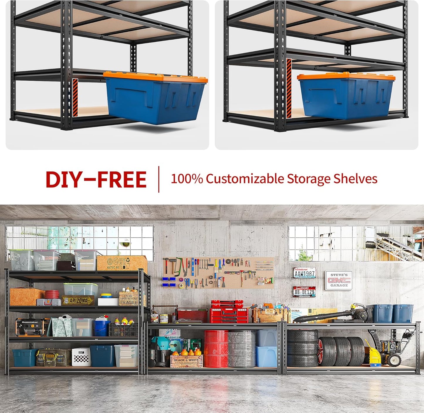 REIBII 48.2" W Garage Shelving, Storage Shelves Load 2600LBS, 4-Tier Adjustable Heavy Duty Metal Shelves for Warehouse, Pantry, Kitchen, 60.1" H X 48.2" W X 24" D, Black - NestledHome