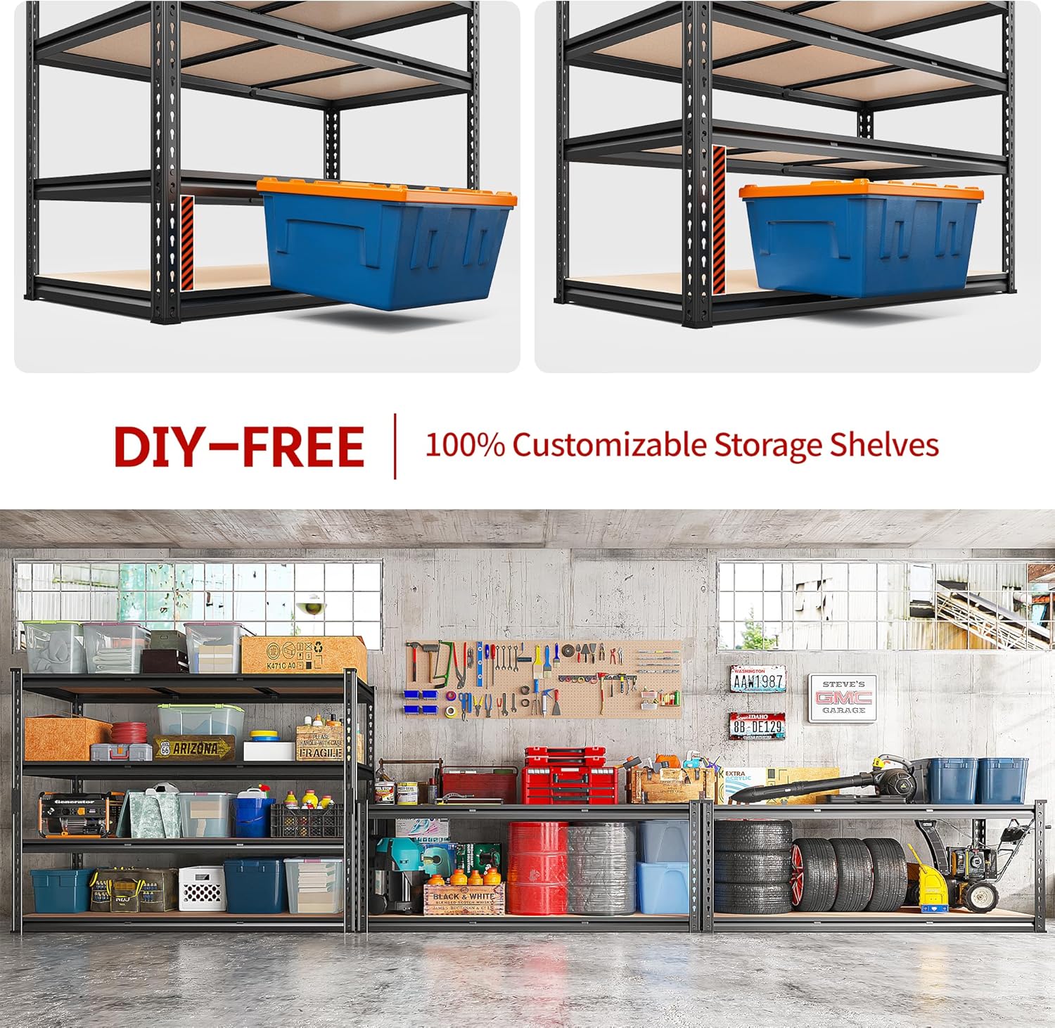 REIBII 48.2" W Garage Shelving, Storage Shelves Load 2600LBS, 4-Tier Adjustable Heavy Duty Metal Shelves for Warehouse, Pantry, Kitchen, 60.1" H X 48.2" W X 24" D, Black - NestledHome