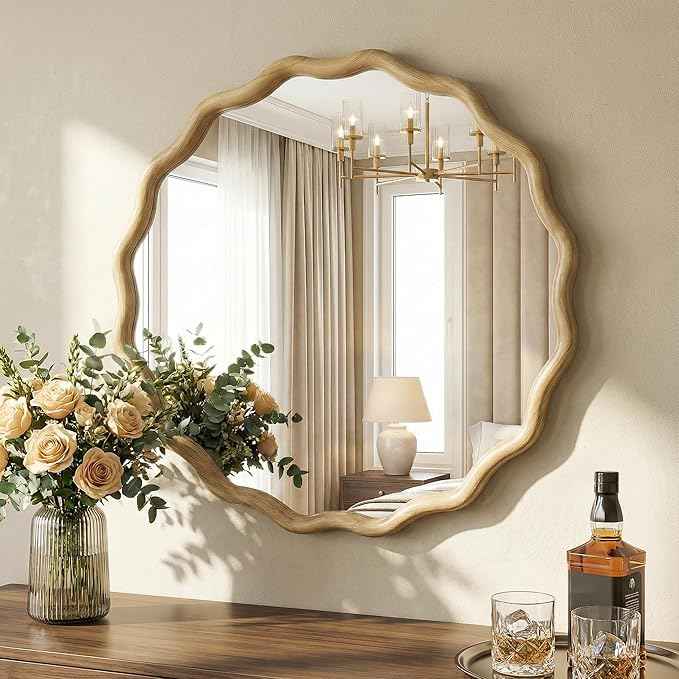 Round Wood Mirrors for Wall, 24" Boho Cirecle Wavy Mirror with Wooden Frame, Decorative Mirror with Tempered Glass, Natural Wooden Frame Vanity Mirror for Bedroom, Living Room, Entryway