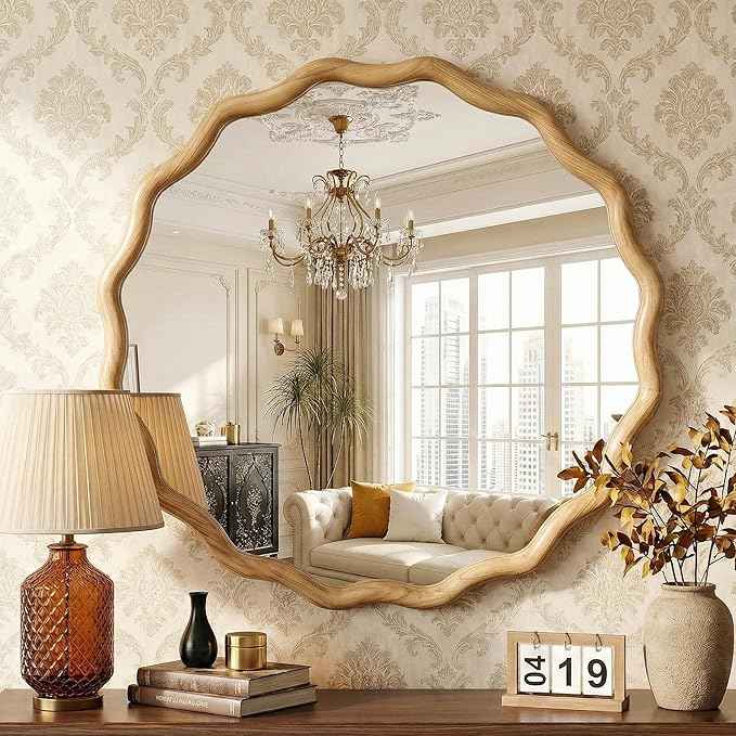 Round Wood Mirrors for Wall, 28" Boho Circle Wavy Mirror with Wooden Frame, Decorative Mirror with Tempered Glass, Natural Wooden Frame Vanity Mirror for Bedroom, Living Room, Entryway