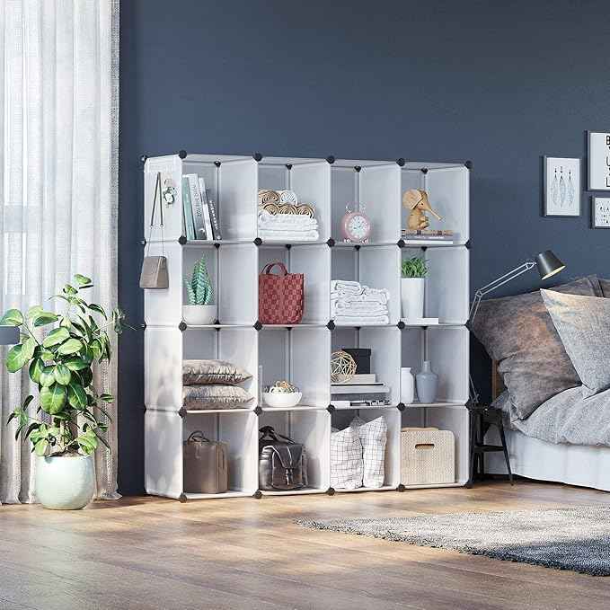 C&AHOME Cube Storage Organizer, 16-Cube Shelves Units, Plastic Storage Cubes, DIY Closet Organizer, Modular Closet Storage Shelves Ideal for Home, 48.4" L × 12.4" W × 48.4" H Transparent SUM3016W