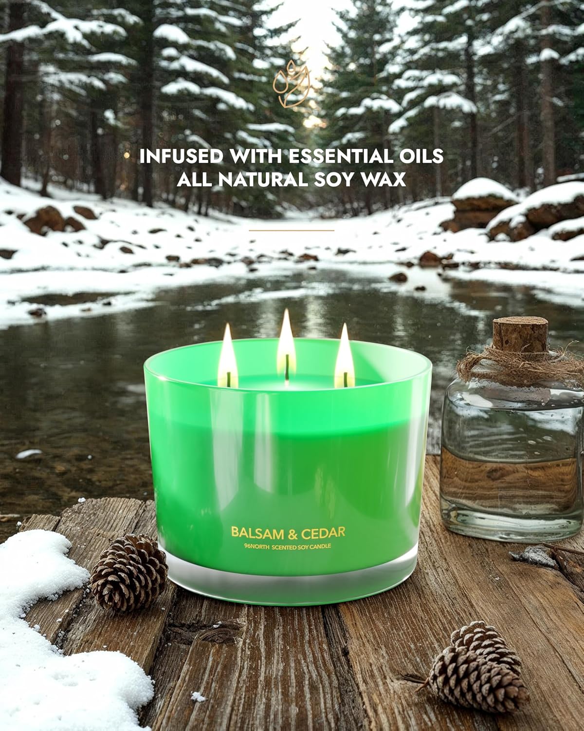 96NORTH Luxury Candle Balsam & Cedar Scented | Large 3-Wick Jar Candle | Up to 40 Hours Burning Time | 100% Natural Soy Wax | Ideal Christmas Candles Gift - NestledHome