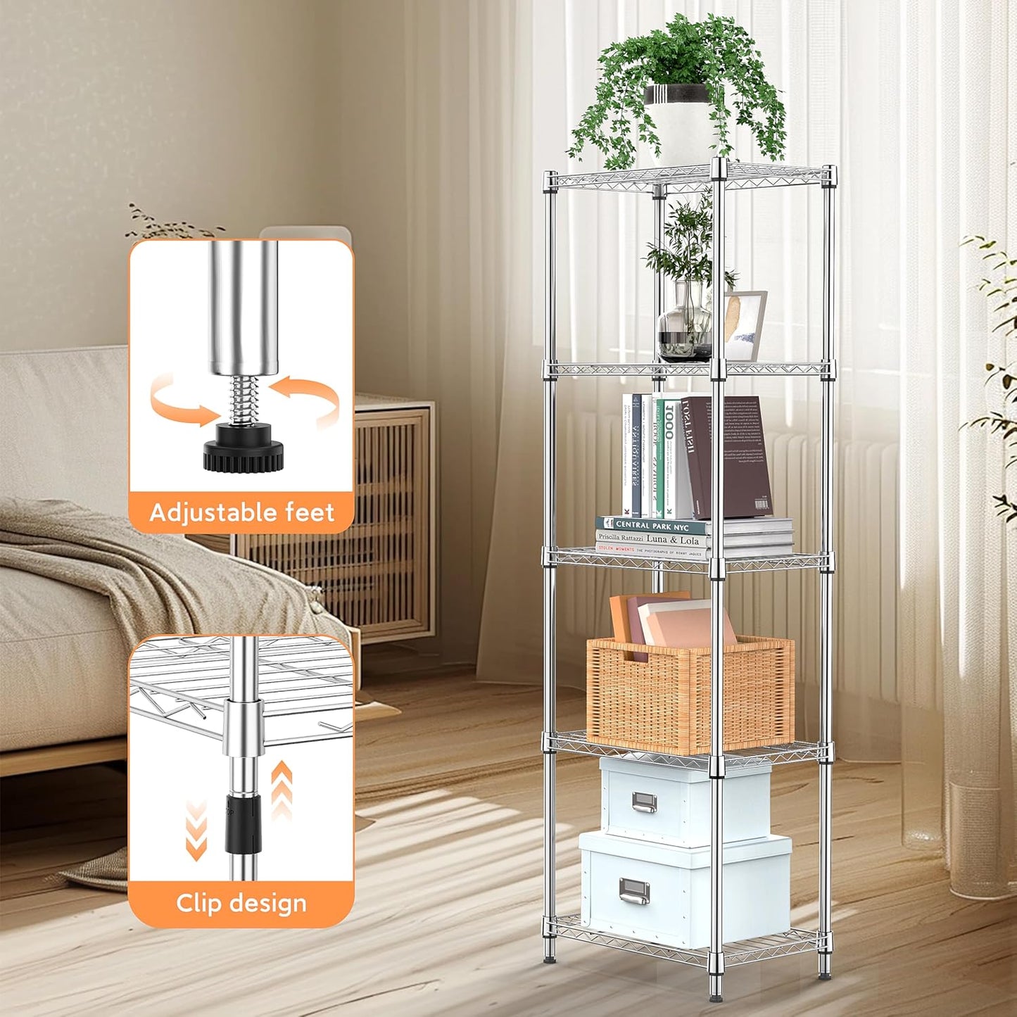 5 Tiers Shelf Metal Storage Shelves Wire Rack Closet Organizers with Wheel for Garage Kitchen Bathroom Laundry Chrome 11.8" D x 17.7" W x 55" H - NestledHome