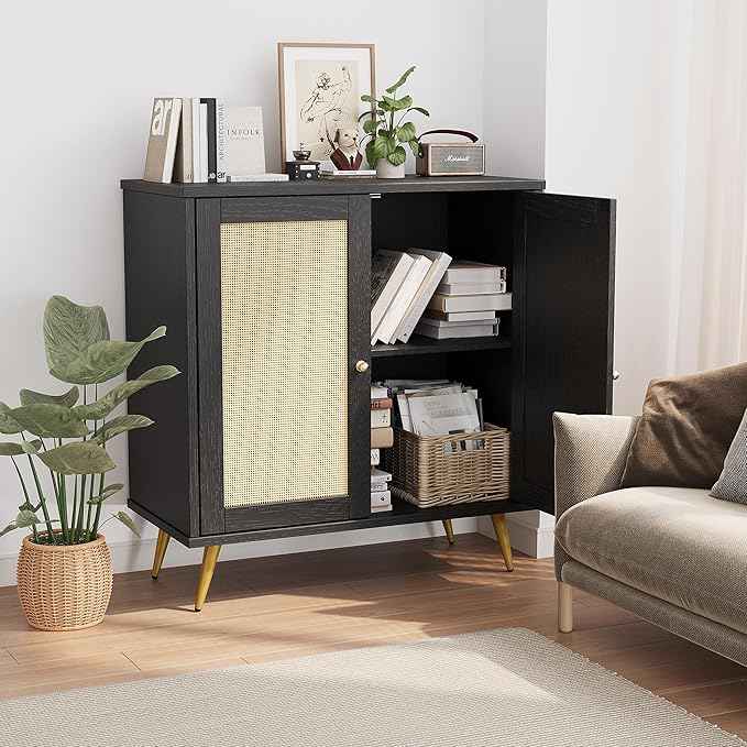 Shintenchi Rattan Buffet Cabinet with Storage, Sideboard Buffet Cabinet with Rattan Decor Doors, Modern Wood Cupboard for Kitchen Living Room Dining Room Hallway Entry,Black