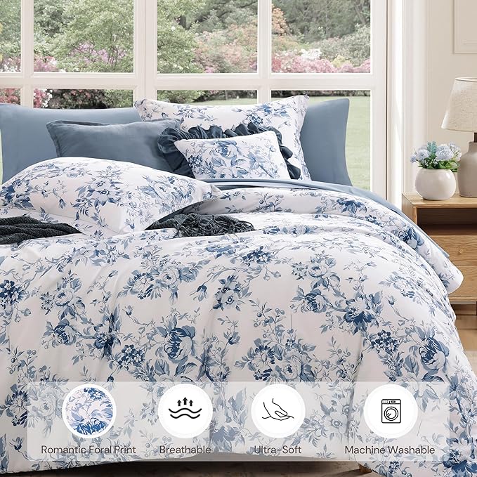 Oversized King Comforter Set -7 Pieces Floral Rain Washed Bedding Set for All Seasons, Bed in a Bag with Botanical Flowers Comforter, Sheets, Pillowcases & Shams