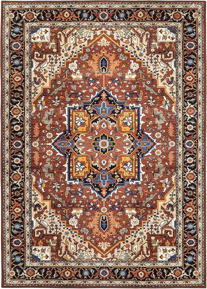 Moynesa Ultra-Thin Washable Oriental Area Rug - 5x7 Large Living Room Rug, Non-Slip Non-Shedding Stain Resistance Low Pile Playroom Mat Indoor Floor Carpet for Bedroom Nursery, Brown/Multi