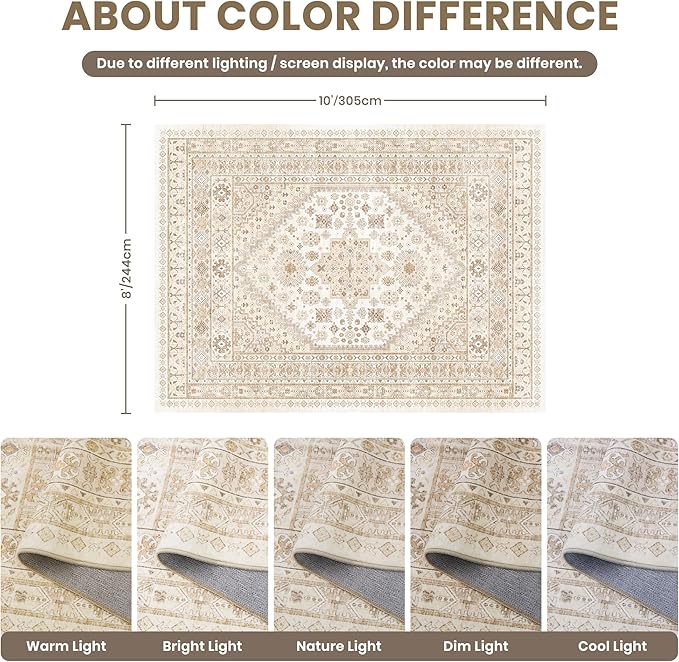 zesthome 8x10 Area Rugs for Living Room,Non-Slip Backing Washable Rugs,Vintage Large Area Rug，Stain Resistant Home Decor Rug