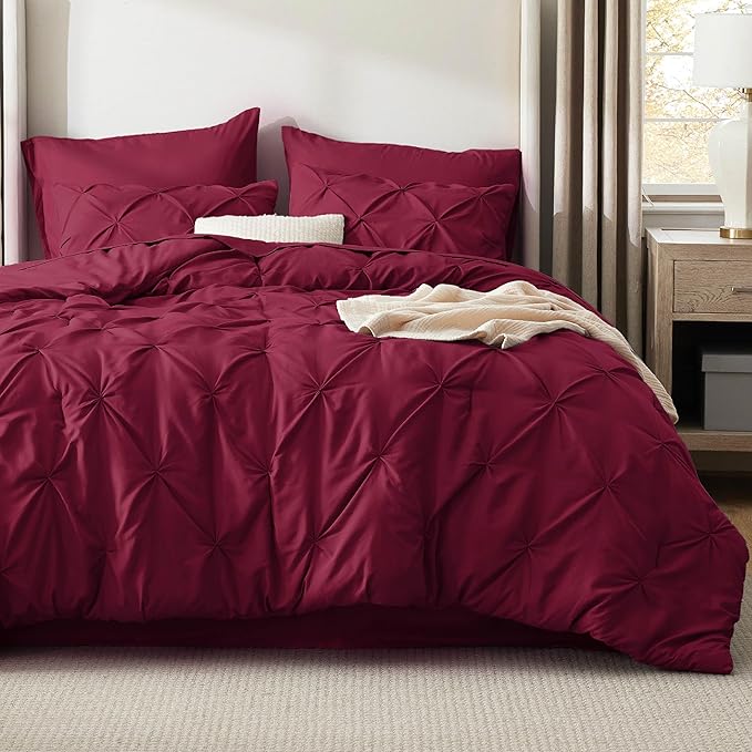 Bedsure Twin Comforter Set Dark Red - Bed in a Bag Twin Size Bedding 5 Pieces, GentleSoft™ Pintuck Bed Set Gift for Family, Pinch Pleat Dark Red Comforter with Sheets, Pillowcase & Sham
