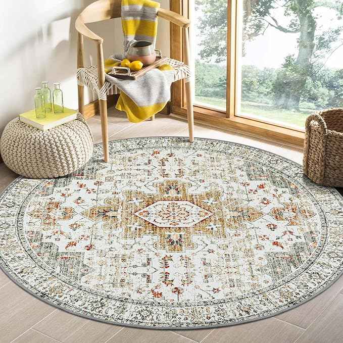 Moynesa Ultra-Thin Washable Round Rug - 4ft Oriental Circle Area Rugs for Bedroom Entryway, Vintage Non Slip Non Shedding Low Pile Carpet for Living Room Coffee Table Kitchen, Beige/Gold