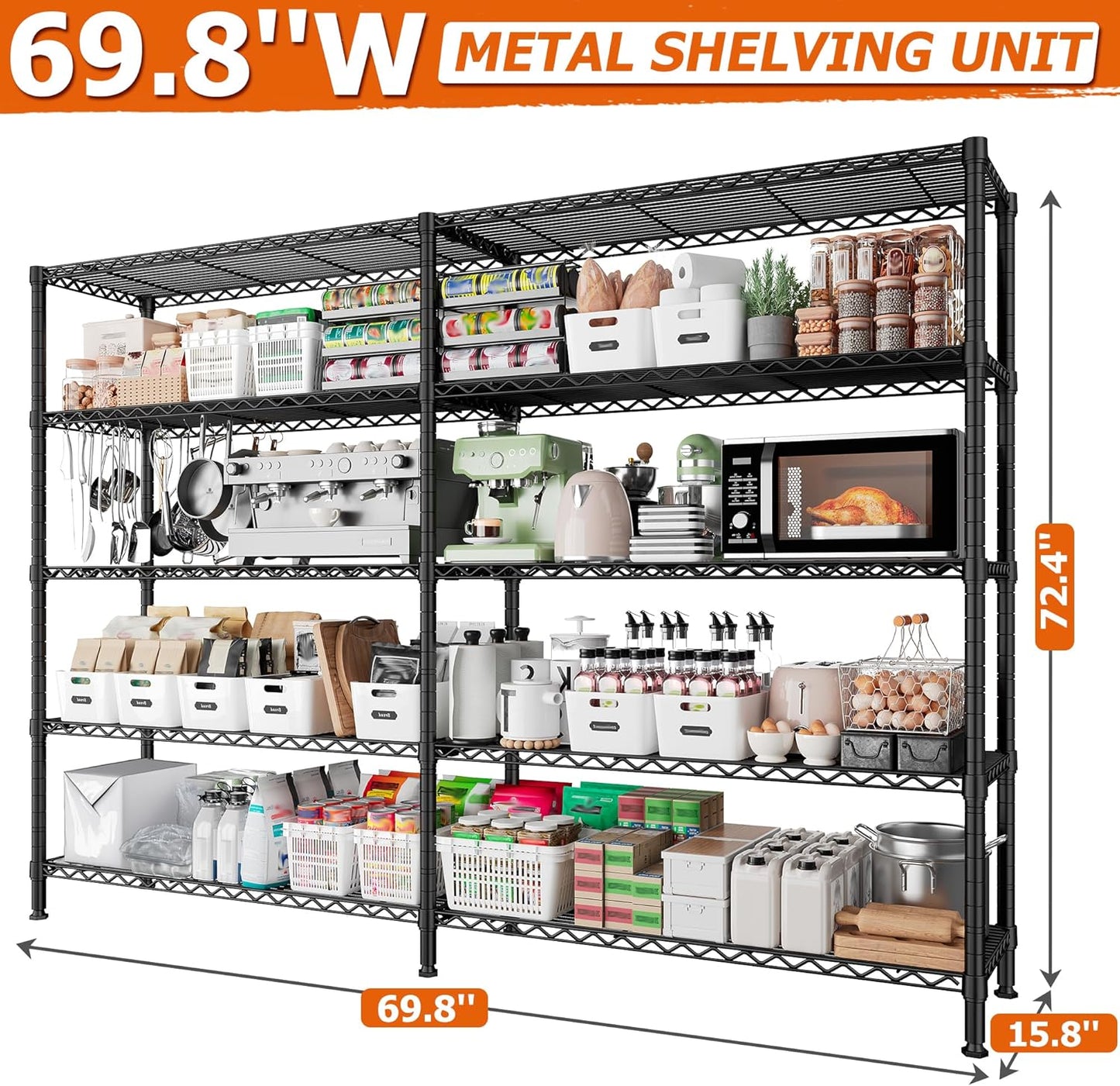 REIBII 1600LBS Storage Shelves Metal Shelving 5 Tier Wire Shelving Unit, 69.8" W Pantry Shelves Kitchen Shelves Adjustable Wire Shelf for Garage Storage Shelves, 69.8" Wx15.8 Dx72.4 H, Black - NestledHome