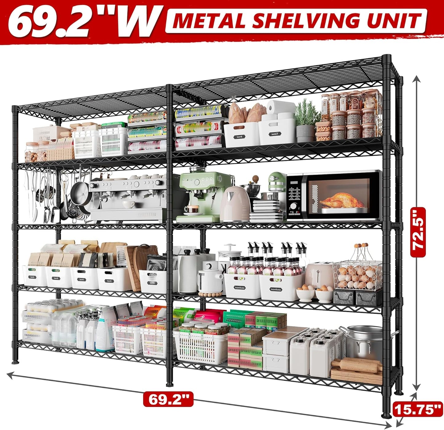 REIBII 70" W Storage Shelves Heavy Duty Load 1600LBS, Metal Shelving 5-Tier Wire Shelving Unit Metal Shelves for Storage Adjustable Shelving Rack for Pantry Kitchen 70" W*15.8" D*72.4" H, 2 Pack - NestledHome