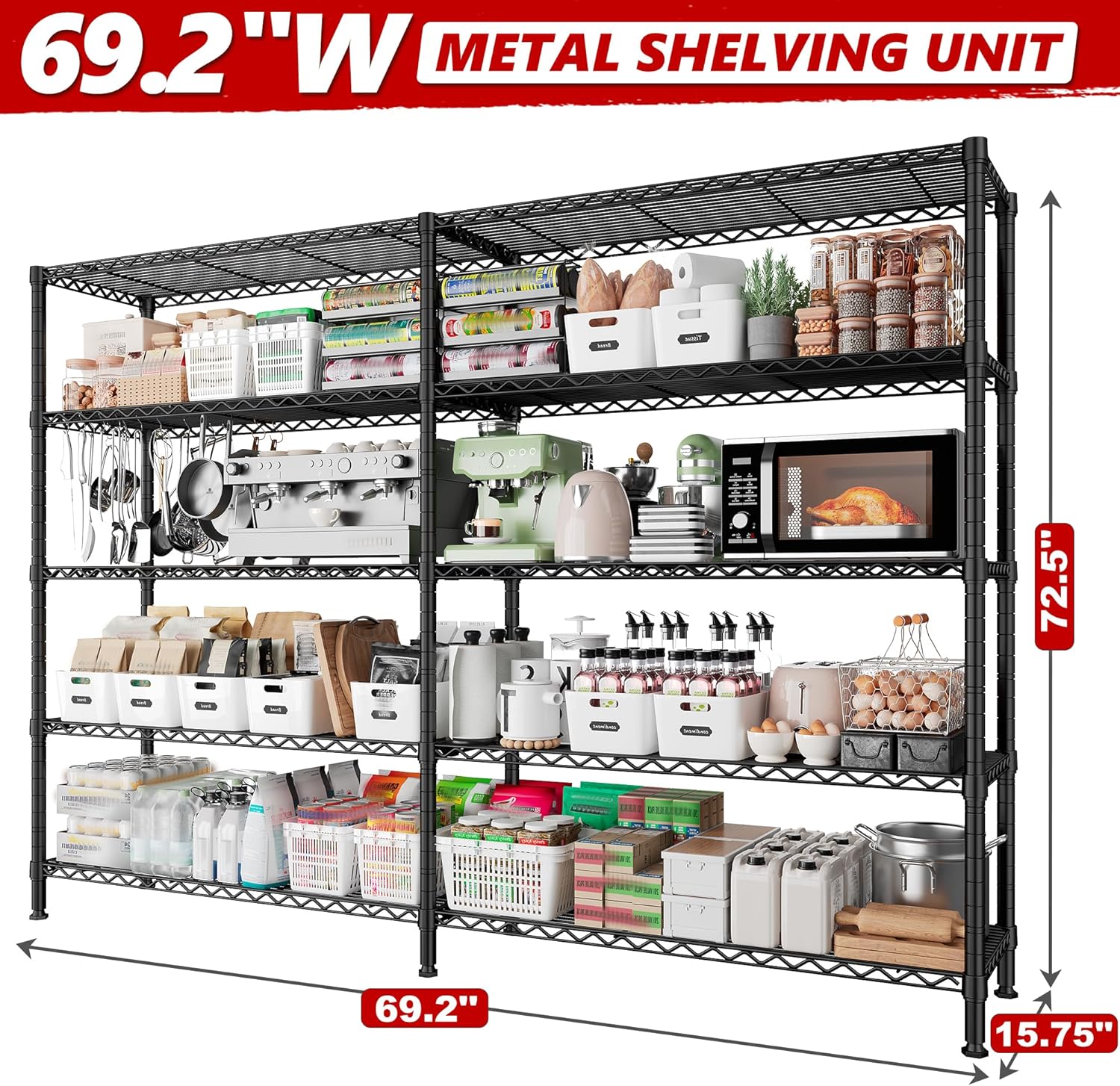 REIBII 70" W Storage Shelves Heavy Duty Load 1600LBS, Metal Shelving 5-Tier Wire Shelving Unit Metal Shelves for Storage Adjustable Shelving Rack for Pantry Kitchen 70" W*15.8" D*72.4" H, 2 Pack - NestledHome