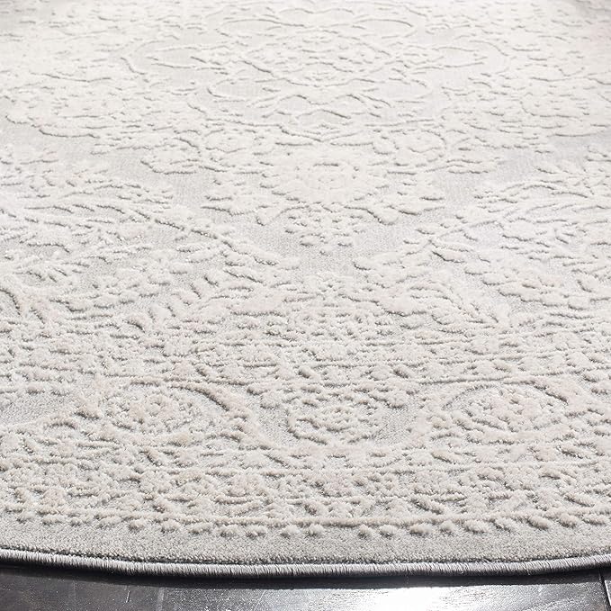 SAFAVIEH Area Rug 5' Round - Reflection Collection - Light Grey & Cream, Non-Shedding & Easy Cleaning, Ideal for Living Room, Bedroom (RFT668G)