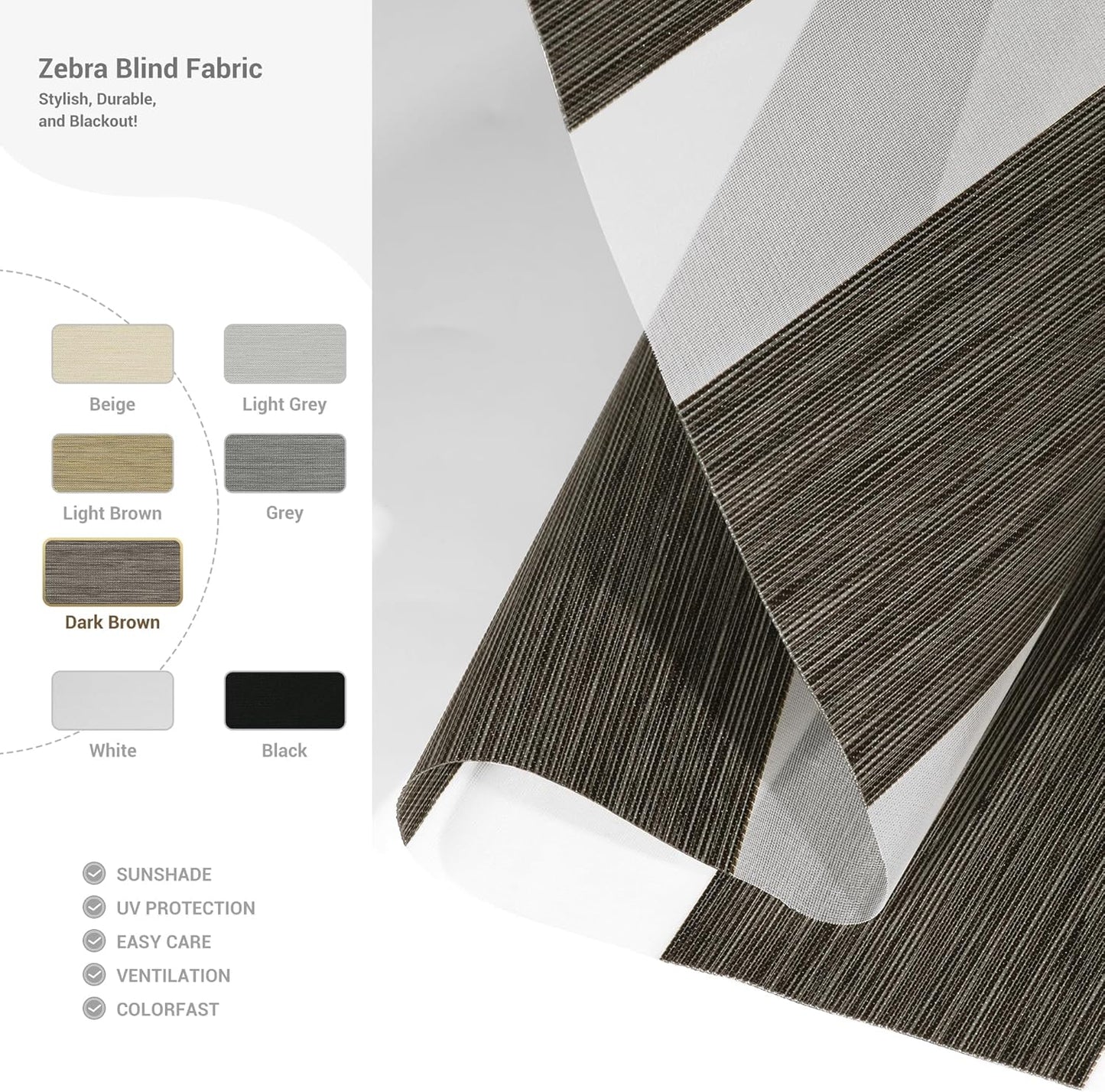 Cordless Zebra Blinds for Windows, Blackout Interior Blinds,Easy to Install,UV Protection,for Offices and Home,Custom Roller Shades, Mousse Dark Bown,15" W x 64" H