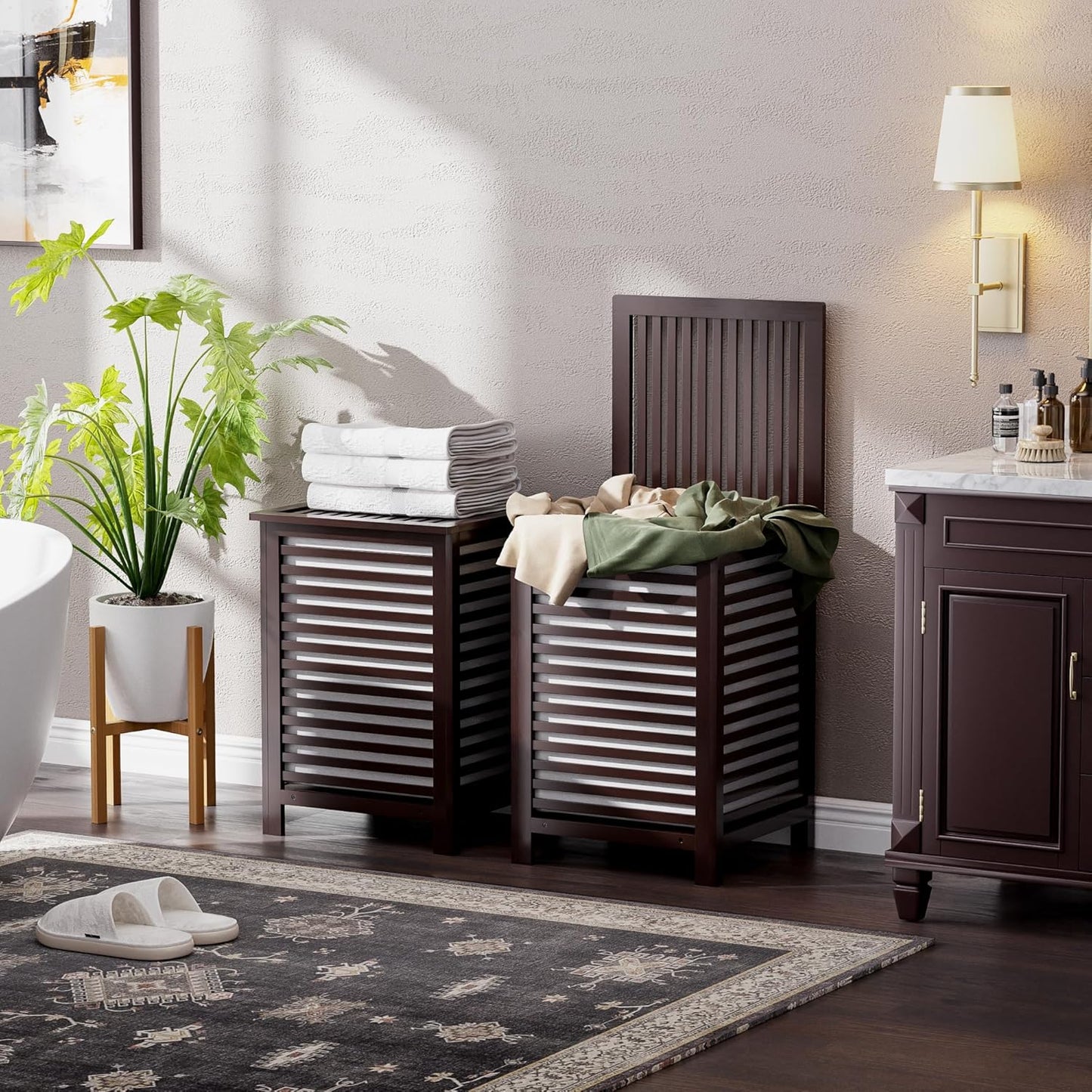 SMIBUY Double Laundry Hamper with Lid, 120L Bamboo Laundry Basket with Removable Liner Bag, 2-Section Clothes Divider Laundry Sorter for Laundry Room, Bathroom, Bedroom (Dark Brown) - NestledHome