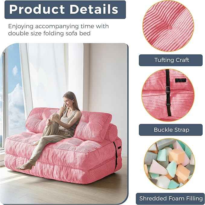 MAXYOYO Folding Sofa Bed, Convertible Sleeper Chair with Pillow Foldable Matress with Back Support, Portable Fold Out Chair Bed Comfy Floor Sofa Lounge for Living Room Bedroom, Pink Double